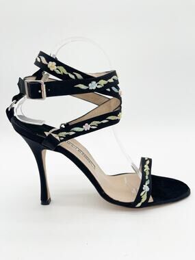 Manolo Blahnik Vintage Black Floral Embroidered Strappy Stiletto Sandals IT 41